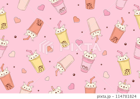 Bubble milk tea funny seamless pattern. Hand drawn kawaii smiled drinks with tapioca pearls. Cute cartoon vector illustration. Colorful background with ice tea characters. 114781824