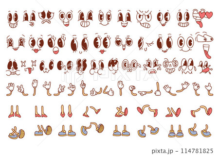 Vintage cartoon hands in gloves and feet in shoes.Comic hand gestures and walking legs vector set. Cute animated characters body parts. Set of retro cartoon mascot characters. Various movements and Vintage cartoon hands in gloves and feet in shoes.Comic hand gestures and walking legs vector set. Cute animated characters body parts. Set of retro cartoon mascot characters. Various movements and 114781825