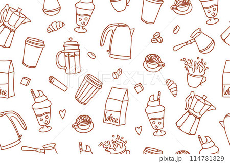 Seamless pattern of coffee time doodle. Teapots, cups, turk and sweets in doodle style. Vector illustration. Vector illustration 114781829