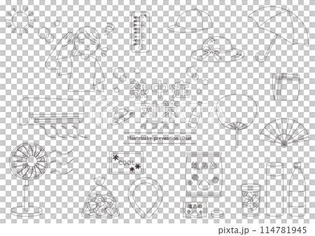 Set of illustrations of heat stroke prevention goods_Line drawing 114781945