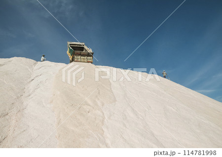 Trucks unloading raw salt bulk, Salinas Grandes de Hidalgo, La Pampa, Patagonia, Argentina. Trucks unloading raw salt bulk, Salinas Grandes de Hidalgo, La Pampa, Patagonia, Argentina. 114781998