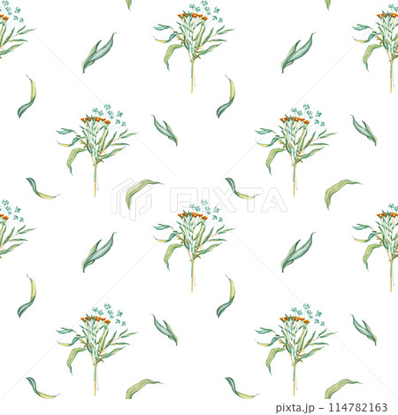 Seamless pattern with bouquet of flowers, meadow leaves and wild dry grass. Vintage wallpaper with evergreen grass field in nature, meadow in springtime. Natural green tones, natural elements 114782163