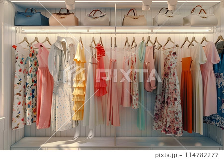 A closet bursting with a variety of clothes, handbags, and accessories on display. Generative AI 114782277