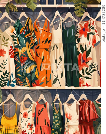 A variety of fashionable womens dresses and shirts displayed on hangers in a summer closet setting. Generative AI 114782289