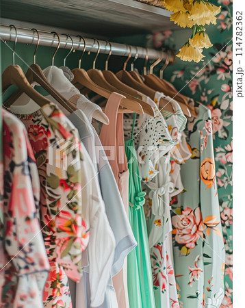 Summer closet with dresses and shirts hanging on racks in a creative womens clothing showroom. Generative AI 114782362