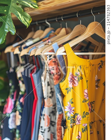 Display of fashionable womens clothing including summer dresses and shirts on hangers in a creative concept of a clothing showroom. Generative AI 114782363