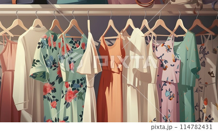 Various dresses of different styles and colors hanging on a rack in a fashion store. Generative AI 114782431