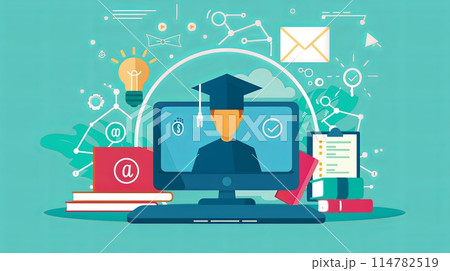 A computer displaying a graduation cap on top, symbolizing online education, training, and e-learning for personal development and professional qualifications in EdTech concept. Generative AI A computer displaying a graduation cap on top, symbolizing online education, training, and e-learning for personal development and professional qualifications in EdTech concept. Generative AI 114782519