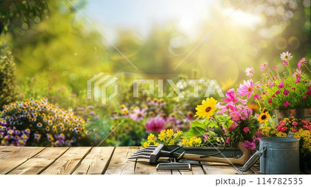 A wooden table displaying a watering can filled with colorful flowers, surrounded by garden tools, against a blurred natural backdrop. Generative AI 114782535