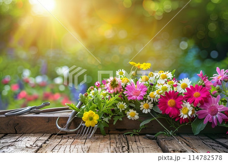 A variety of vibrant flowers and gardening tools displayed neatly on a wooden table with a blurred background of a garden. Generative AI 114782578