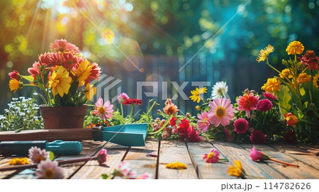 A wooden table is covered with an abundance of vibrant flowers and garden tools, set against a blur of natural elements in the background. Generative AI 114782626
