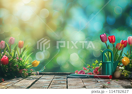 Colorful flowers and garden tools covering a wooden table with a blurred natural background. Generative AI Colorful flowers and garden tools covering a wooden table with a blurred natural background. Generative AI 114782627