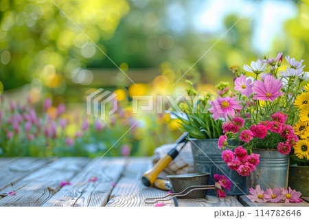 Colorful flowers spill out of buckets on a wooden table surrounded by garden tools, against a blurred natural background. Generative AI Colorful flowers spill out of buckets on a wooden table surrounded by garden tools, against a blurred natural background. Generative AI 114782646