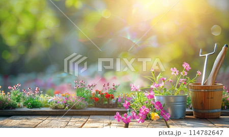 A wooden table adorned with vibrant flowers and various gardening tools, set against a blurred natural backdrop. Generative AI A wooden table adorned with vibrant flowers and various gardening tools, set against a blurred natural backdrop. Generative AI 114782647