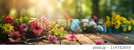 Colorful flowers and garden tools arranged neatly on a wooden table with a blurred natural background. Generative AI 114782659