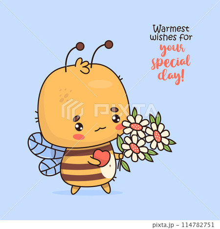 Funny bee with heart and bouquet of flowers. Cute cartoon insect kawaii character. Vector illustration. Cool holiday card. Kids collection Funny bee with heart and bouquet of flowers. Cute cartoon insect kawaii character. Vector illustration. Cool holiday card. Kids collection 114782751