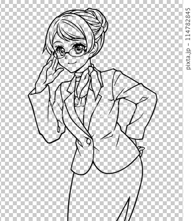 眼鏡をカケタスーツ姿の女性の塗り絵用イラスト 114782845