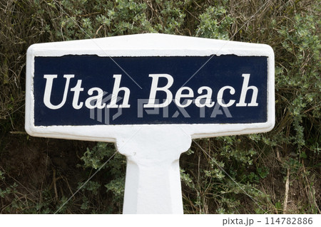 Sign closeup at Normandy France D-Day at WWII Utah Beach. Veterans Day rememberance. High quality  114782886
