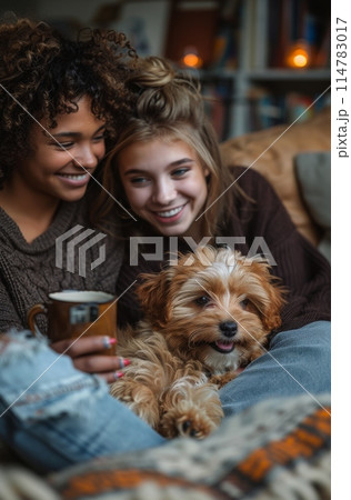 Two happy friends enjoying cozy time with a dog at home 114783017