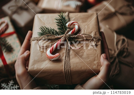 Hands holding a Christmas present wrapped in brown paper with a candy cane and sprig 114783019