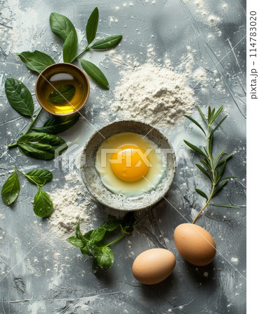 Fresh ingredients for cooking including flour, egg, and olive oil on a grey background 114783020