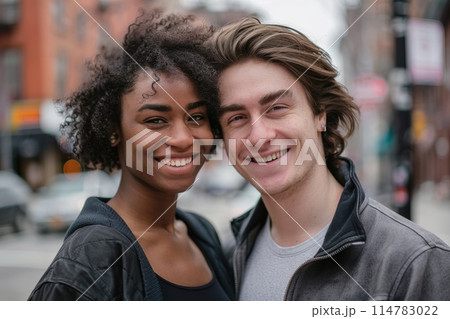 Happy young couple embracing and smiling on a city street 114783022