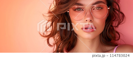 Stylish woman wearing sunglasses posing against peach background 114783024