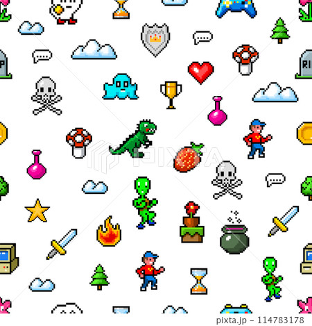 Pixel art 8 bit objects. Seamless pattern. Retro game assets. Set of icons. Vintage computer video Pixel art 8 bit objects. Seamless pattern. Retro game assets. Set of icons. Vintage computer video 114783178