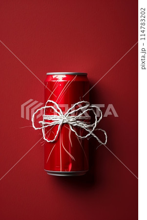Creative concept image of red soda can tied with white string against red background 114783202