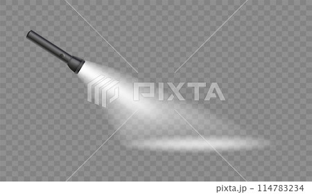 Flashlight on a transparent background. Shine lighting torch. Vector 114783234