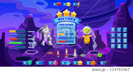 Space game kit, set buttons for games and app, UI. Spaceman kit constructor in cartoon style Space game kit, set buttons for games and app, UI. Spaceman kit constructor in cartoon style 114783367