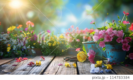 A wooden table topped with an array of vibrant flowers and garden tools, set against a blurred natural background. Generative AI 114783384