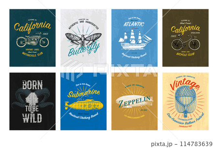 Tee print set. Transport, butterfly, buffalo, ship, submarine, maize, plane, hot air balloon Tee print set. Transport, butterfly, buffalo, ship, submarine, maize, plane, hot air balloon 114783639