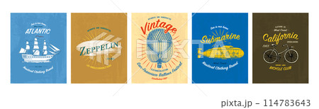 Tee print set. Transport, butterfly, buffalo, ship, submarine, maize, plane, hot air balloon 114783643