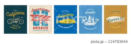 Tee print set. Transport, butterfly, buffalo, ship, submarine, maize, plane, hot air balloon 114783644
