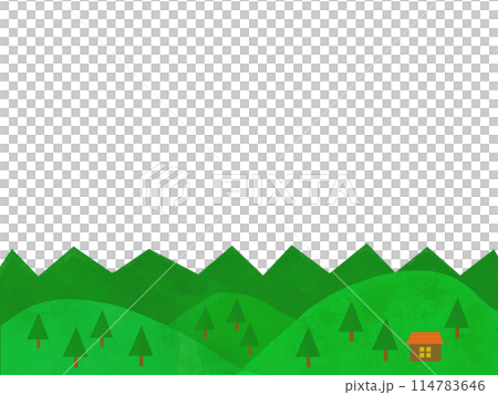 Landscape of green mountains and houses lined up 114783646