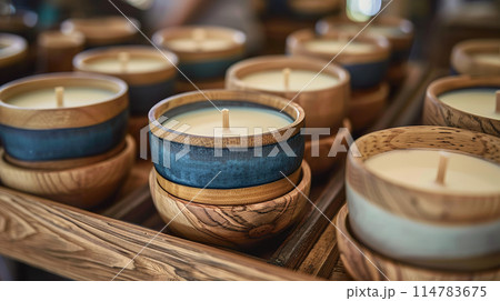 Handcrafted wooden bowl candles displayed in rows, various shades and patterns on a wooden shelf 114783675