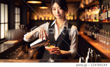 カクテルを作る女性バーテンダー_3 114784144