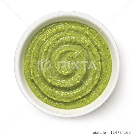 Broccoli cream soup isolated on white background. Top view Broccoli cream soup isolated on white background. Top view 114784169