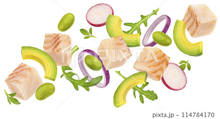 Falling poke ingredients, traditional Hawaiian raw fish salad isolated on white background with clipping path Falling poke ingredients, traditional Hawaiian raw fish salad isolated on white background with clipping path 114784170