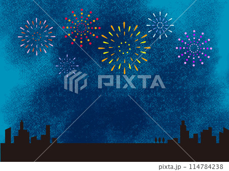 都市部の花火大会　水彩風夜空　シンプルなフレーム風背景イラスト 114784238