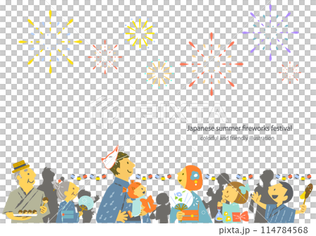 夏祭りで花火を見上げる人々　カラフルで楽しいイラスト 114784568