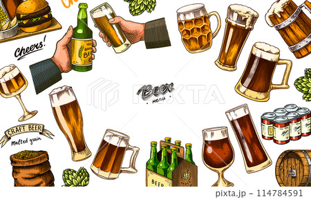 Beer classical wooden barrels, Distilled alcohol poster and banner. Hop, malt. Cheers toast. Glass 114784591