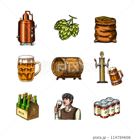 Beer classical wooden barrels, Distilled alcohol. Hop, malt. Glass mugs with drink. Engraved in ink Beer classical wooden barrels, Distilled alcohol. Hop, malt. Glass mugs with drink. Engraved in ink 114784606