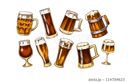 Beer classical wooden barrels, Distilled alcohol. Hop, malt. Cheers toast. Glass mugs with drink 114784623