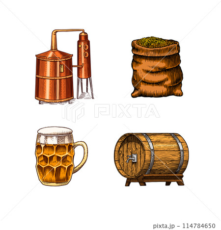 Beer classical wooden barrels, Distilled alcohol. Hop, malt. Glass mugs with drink. Engraved in ink Beer classical wooden barrels, Distilled alcohol. Hop, malt. Glass mugs with drink. Engraved in ink 114784650