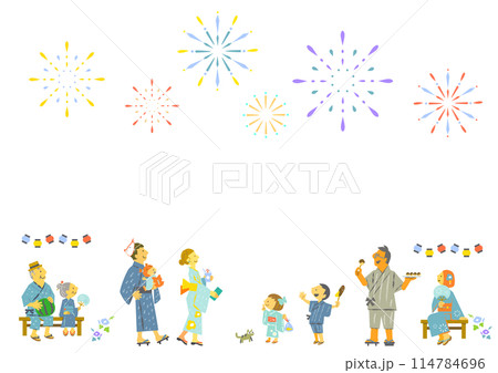 夏祭りで花火を見上げる人々 カラフルで楽しいイラスト 夏祭りで花火を見上げる人々 カラフルで楽しいイラスト 114784696
