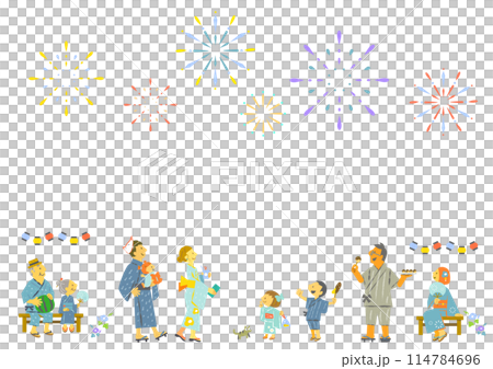 色彩繽紛、有趣的插圖，展示了人們在夏季節日抬頭仰望煙火的情景 114784696