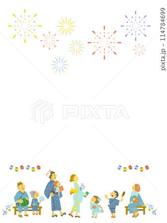 夏祭りで花火を見上げる人々　カラフルで楽しいイラスト 114784699