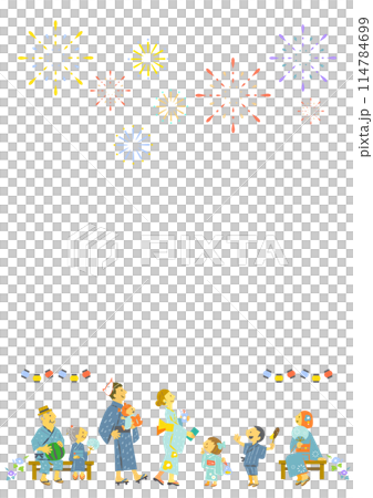 夏祭りで花火を見上げる人々　カラフルで楽しいイラスト 114784699